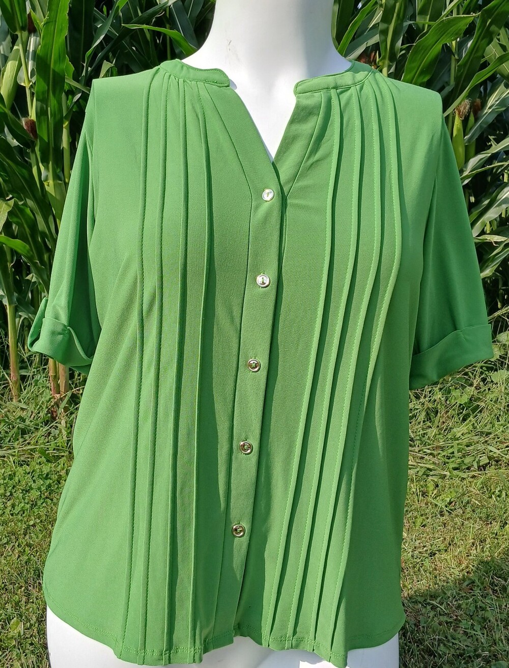 Women's Green Pleated V-Neck Short Sleeve Button-Up Blouse size L Large Lime